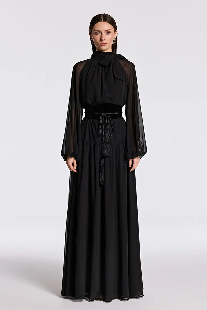 Pleated Tie-Neck Maxi Dress