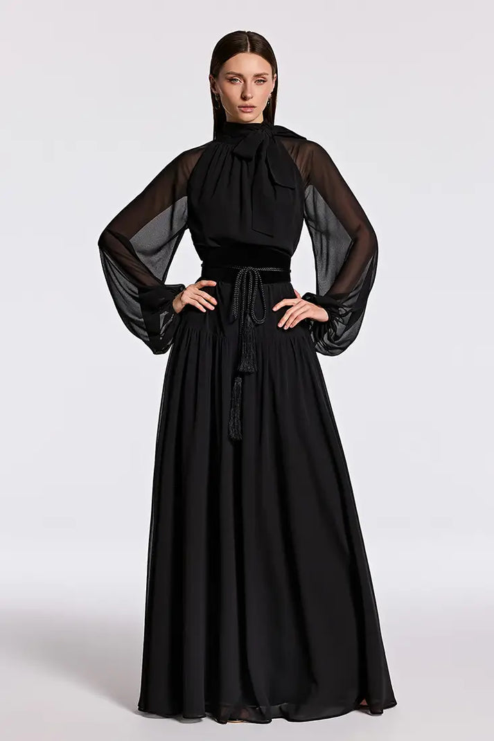Pleated Tie-Neck Maxi Dress