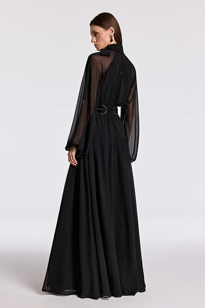 Pleated Tie-Neck Maxi Dress