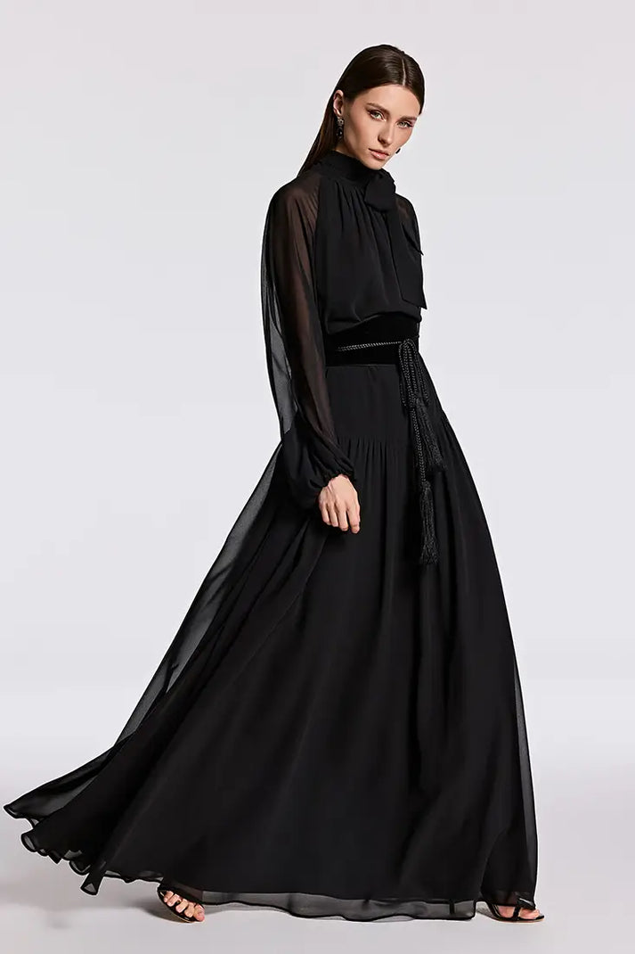 Pleated Tie-Neck Maxi Dress