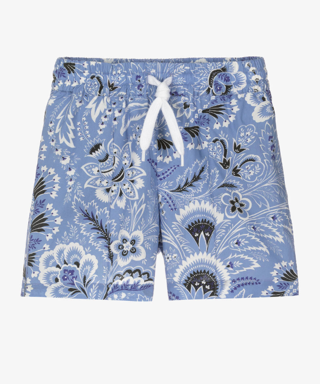 Blue floral-patterned shorts with a drawstring on a white background