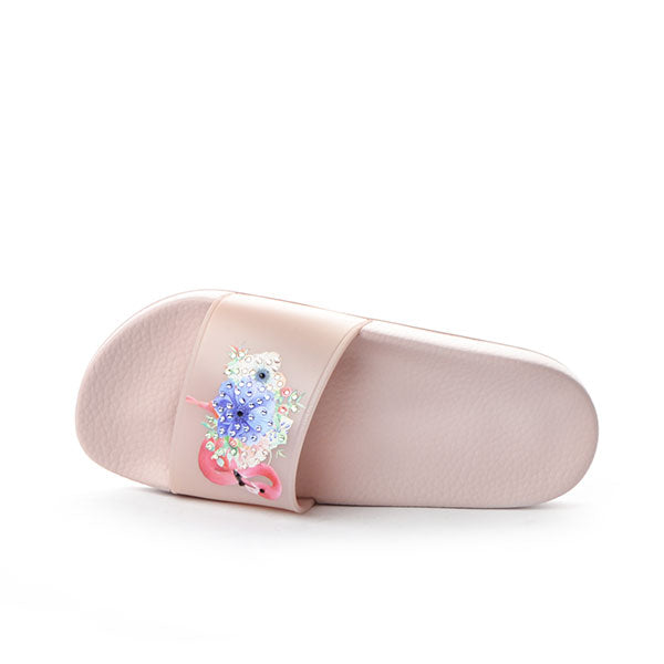 Menghi Women Slides with Rhinestones and Flamingo Flowers