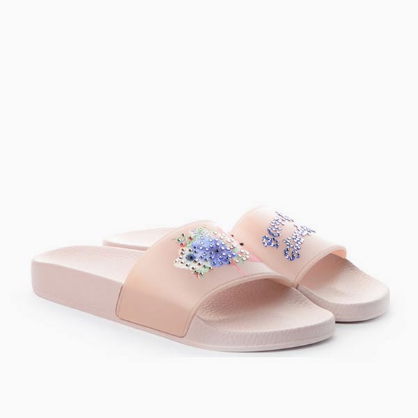Menghi Women Slides with Rhinestones and Flamingo Flowers