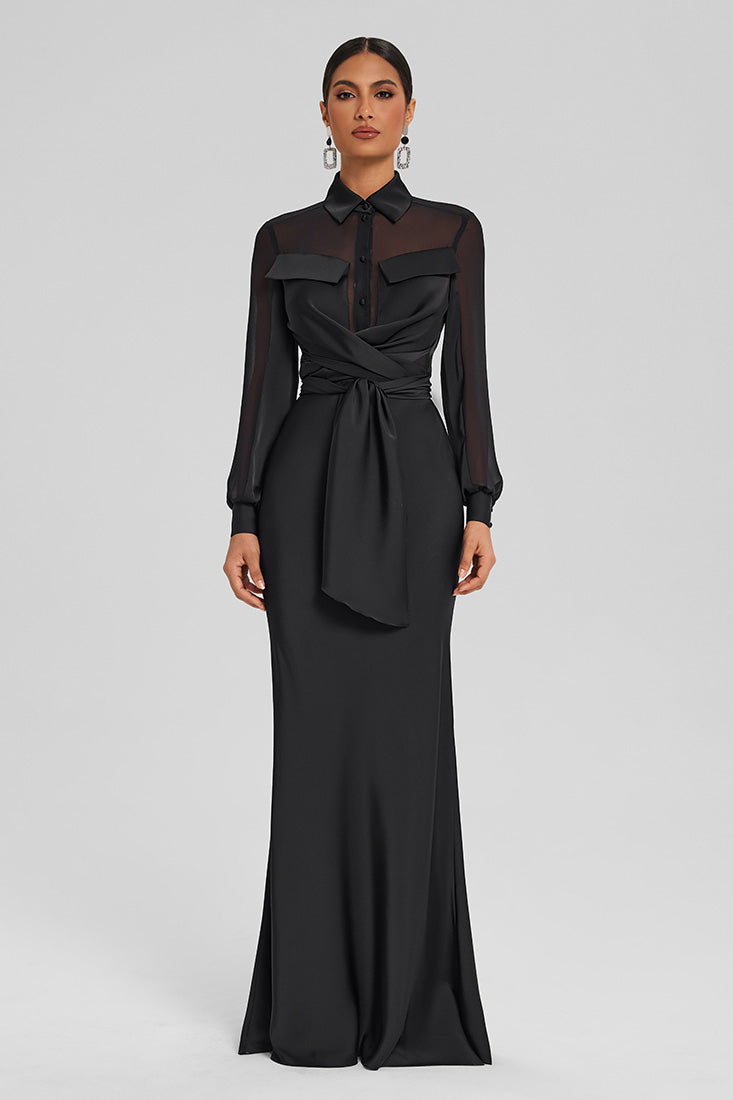 Anel Tashe Satin Wrap Set with Chiffon Detail – Floor-Length Skirt