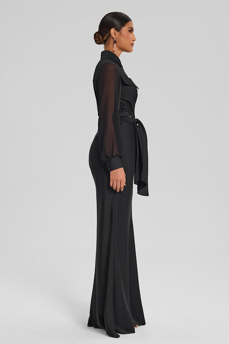 Anel Tashe Satin Wrap Set with Chiffon Detail – Floor-Length Skirt