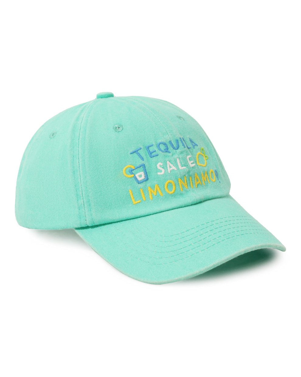 Mint green cap with 'Tequila Salco Limoniano' text on a white background