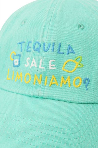 Mint green cap with embroidered text 'Tequila Sale Limoniamo?' on a white background