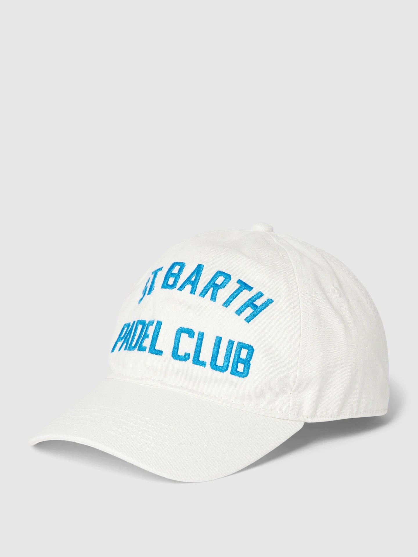 White cap with blue text 'ST BARTH PADEL CLUB' on a light gray background