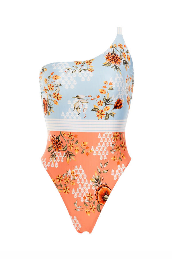 Agua Bendita Flowers Print One Shoulder One Piece Swimsuit