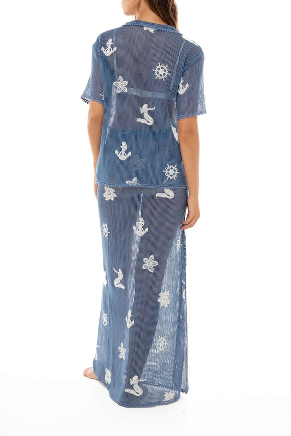 Agua Bendita Blue Mesh Shirt with Embroidery