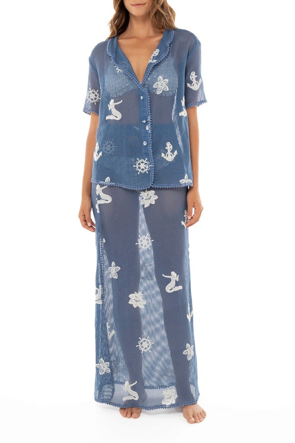 Agua Bendita Blue Mesh Shirt with Embroidery