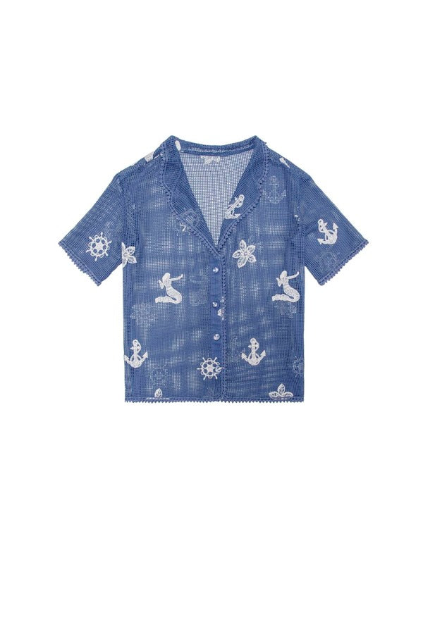 Agua Bendita Blue Mesh Shirt with Embroidery