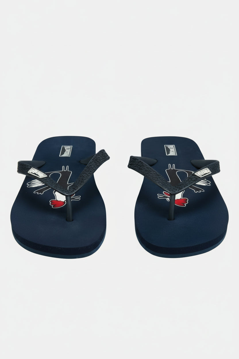 Pair of navy blue flip-flops with a cartoon character design on a white background
