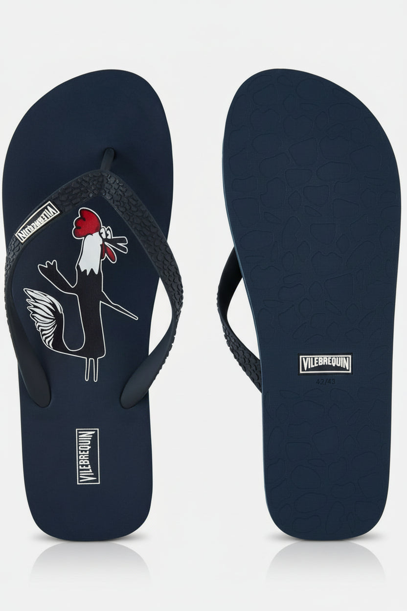 Black flip-flops with a rooster design and visible brand logo on a white background