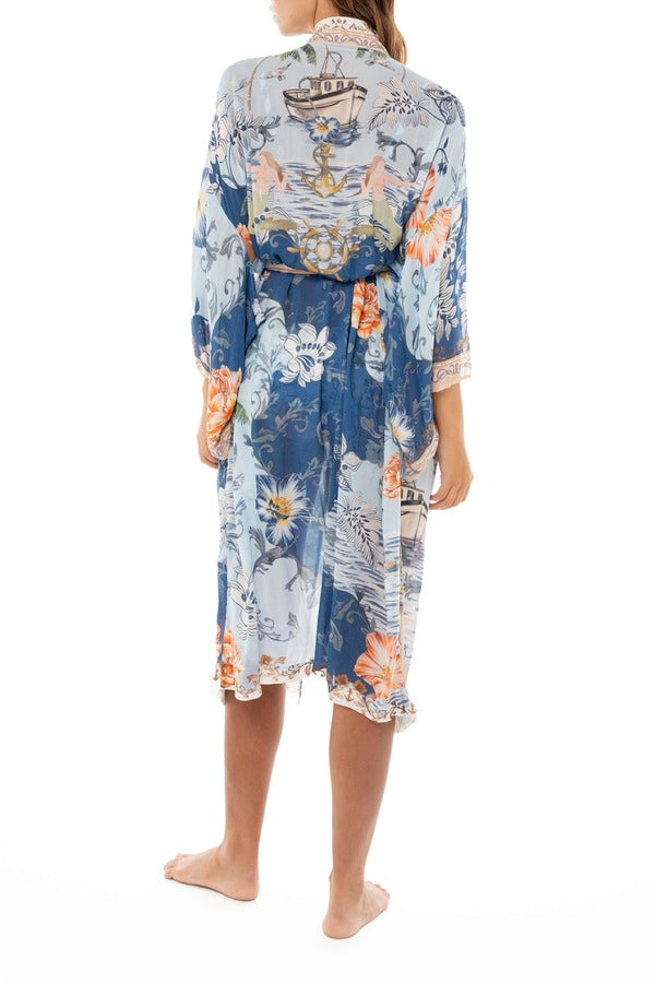 Agua Bendita Long Cover Up Tunic with Flowers Print