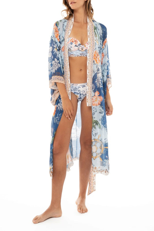 Agua Bendita Long Cover Up Tunic with Flowers Print