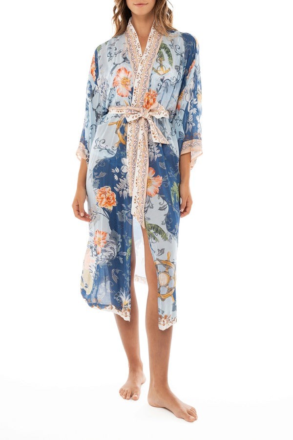 Agua Bendita Long Cover Up Tunic with Flowers Print