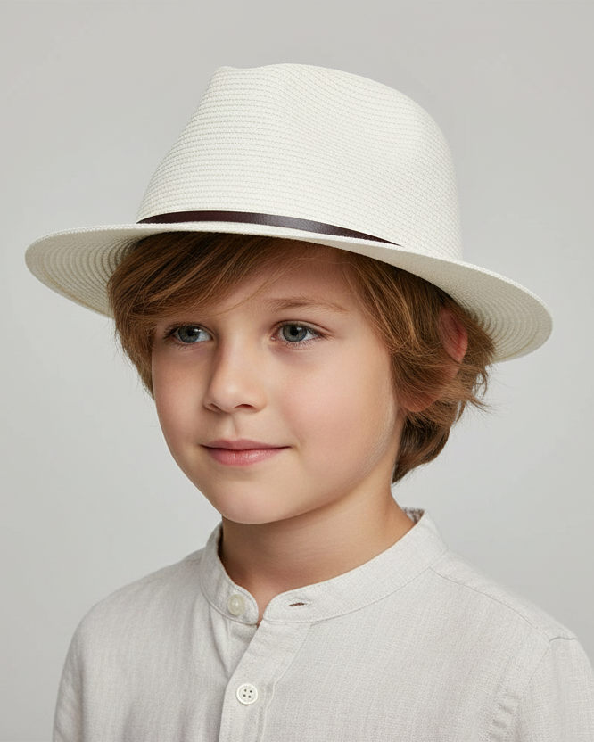 White straw hat with a black band on a white background