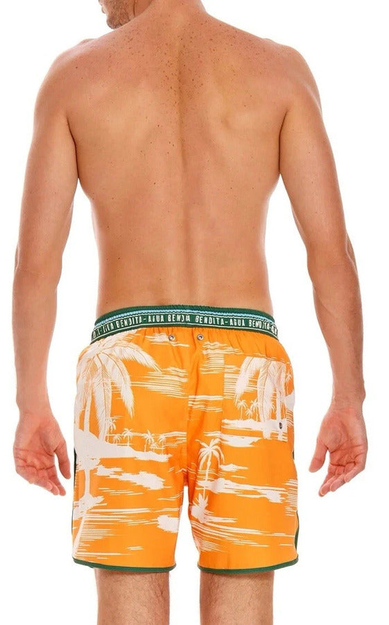 Agua Bendita Orange men Swim Shorts with Palms Print