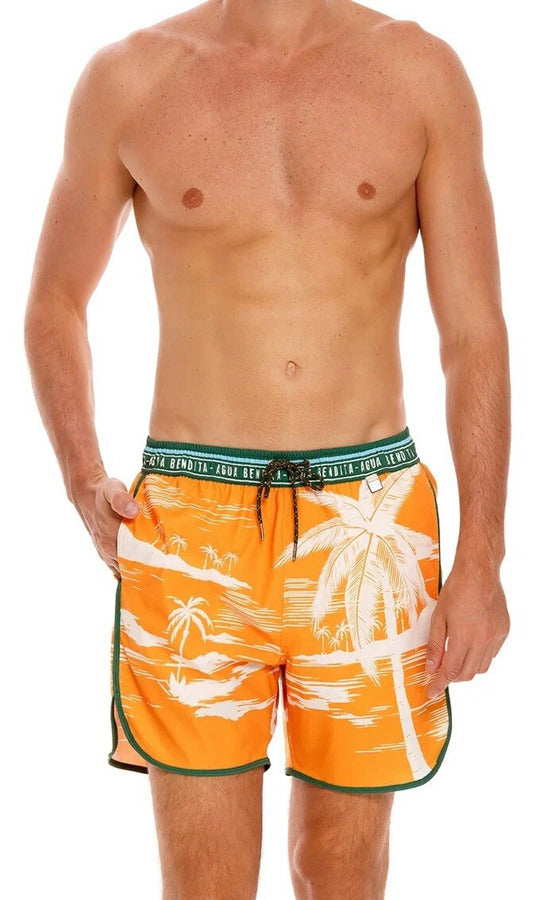 Agua Bendita Orange men Swim Shorts with Palms Print