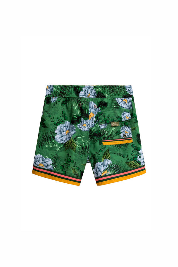 Agua Bendita Green Boys Swim Shorts with Flowers Print