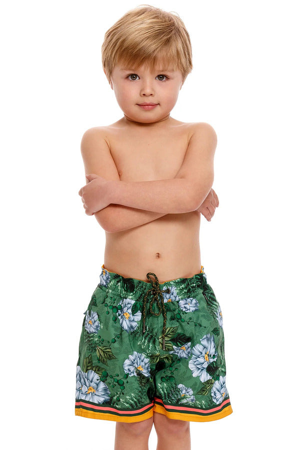 Agua Bendita Green Boys Swim Shorts with Flowers Print
