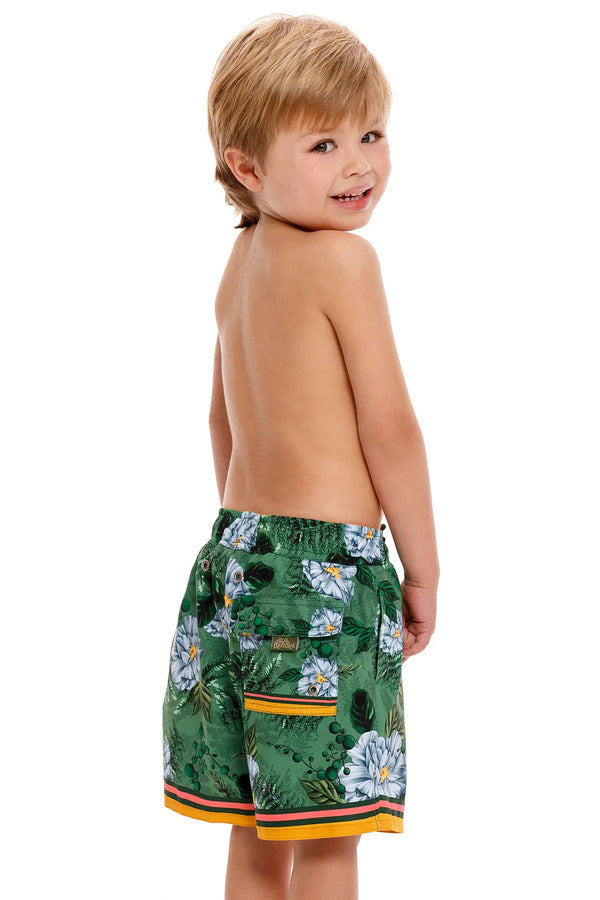 Agua Bendita Green Boys Swim Shorts with Flowers Print