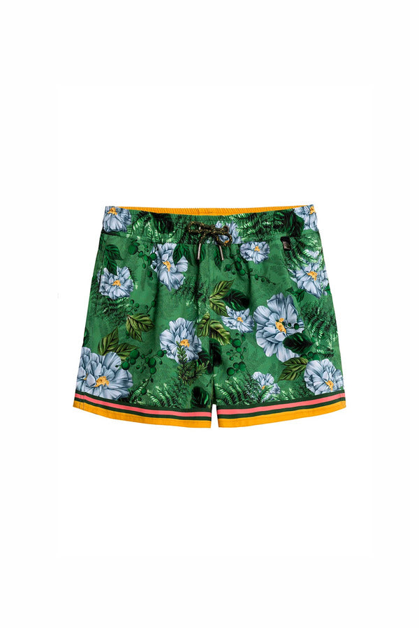 Agua Bendita Green Boys Swim Shorts with Flowers Print