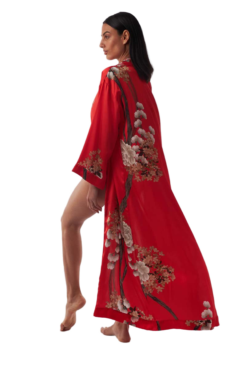 Aguaclara Red Women Silk Kimono with Flowers Print