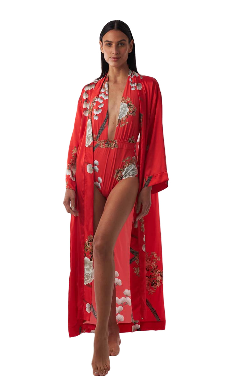 Aguaclara Red Women Silk Kimono with Flowers Print