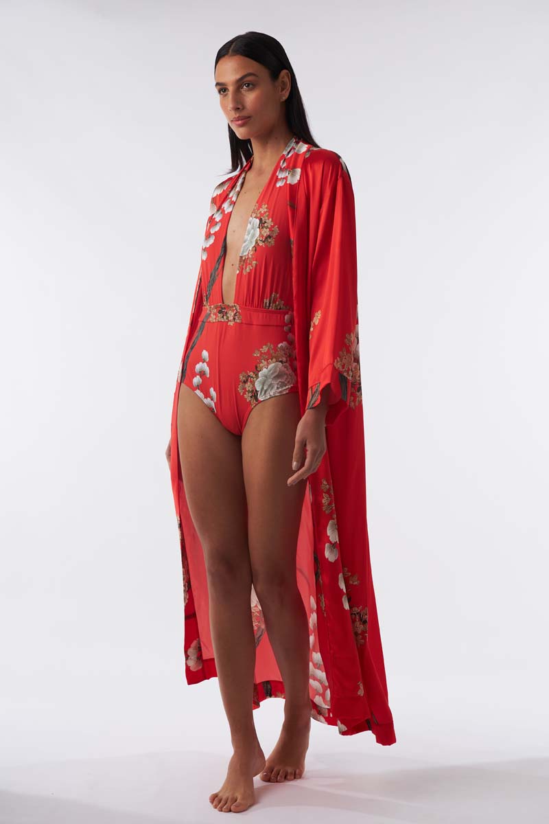 Aguaclara Red Women Silk Kimono with Flowers Print
