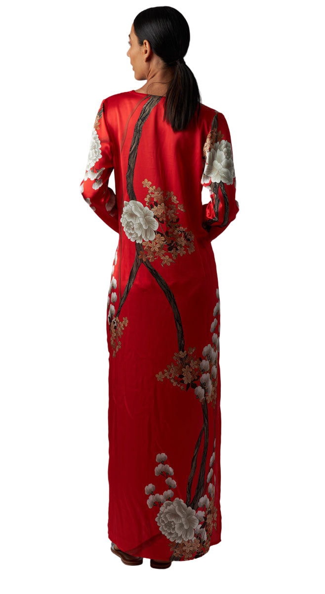Aguaclara Red Silk Dress with Flowers Print
