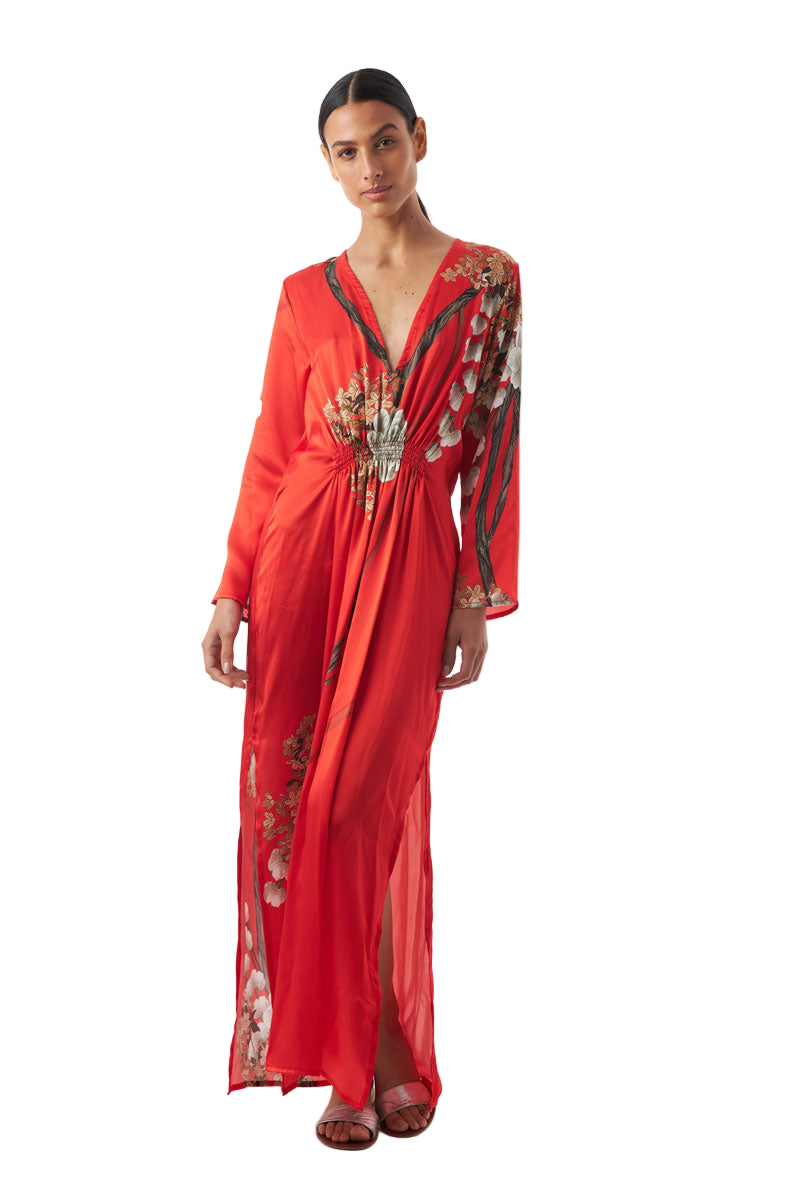 Aguaclara Red Silk Dress with Flowers Print