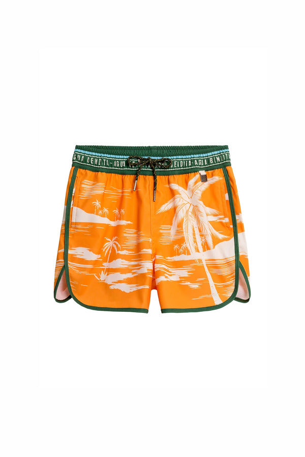 Agua Bendita Orange Boys Swim Shorts with Palms Print