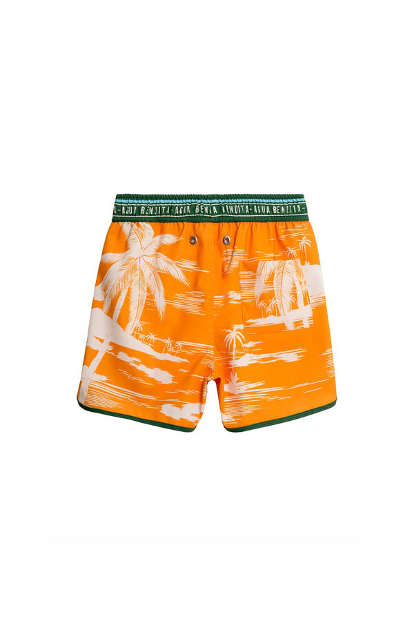 Agua Bendita Orange Boys Swim Shorts with Palms Print