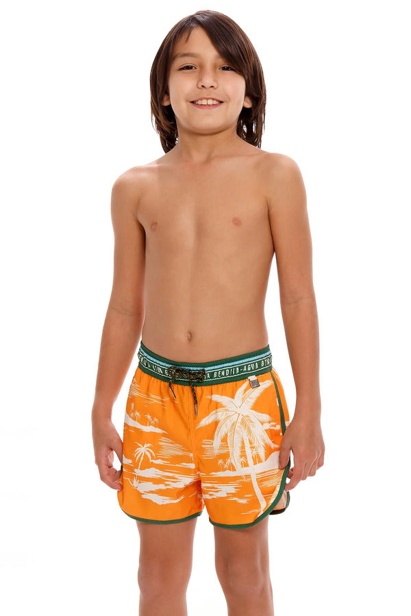 Agua Bendita Orange Boys Swim Shorts with Palms Print