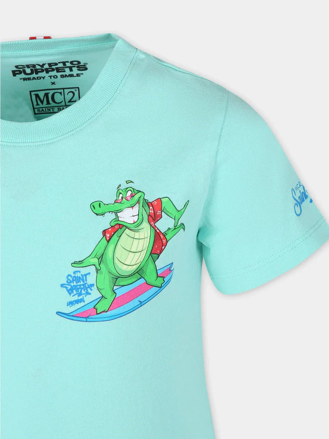 MC2 Saint Barth Boys Cotton T-Shirt with Crocco Surf Print