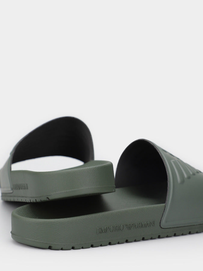 Emporio Armani Green Men Slides with Logo Detail