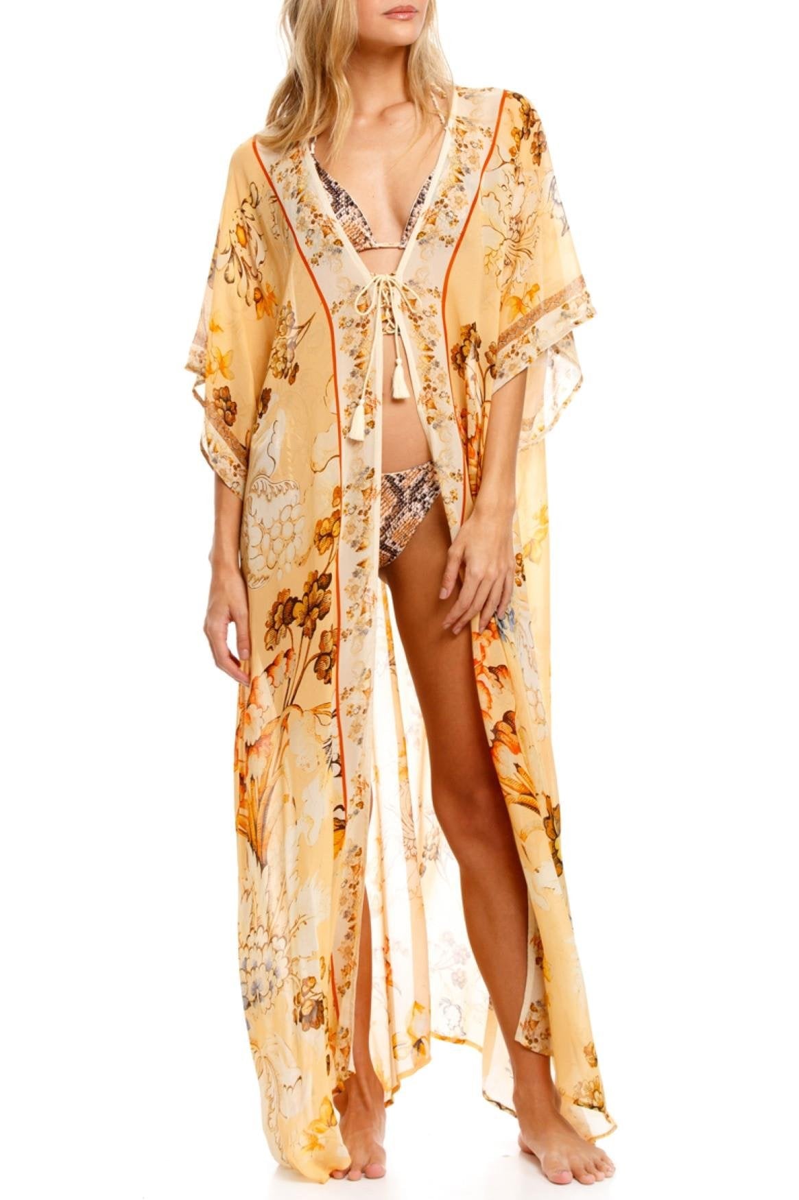 Agua Bendita Orange Flowers Print Kimono Long