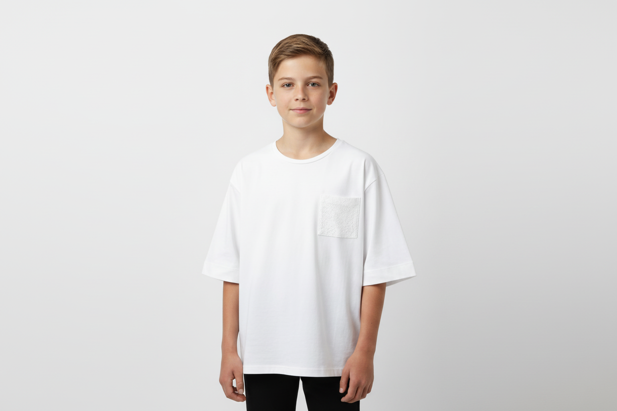 Young person wearing a white oversized t-shirt on a plain background