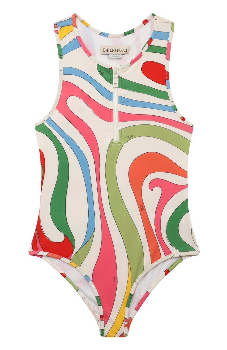 Colorful patterned swimsuit with a brand label on a white background
