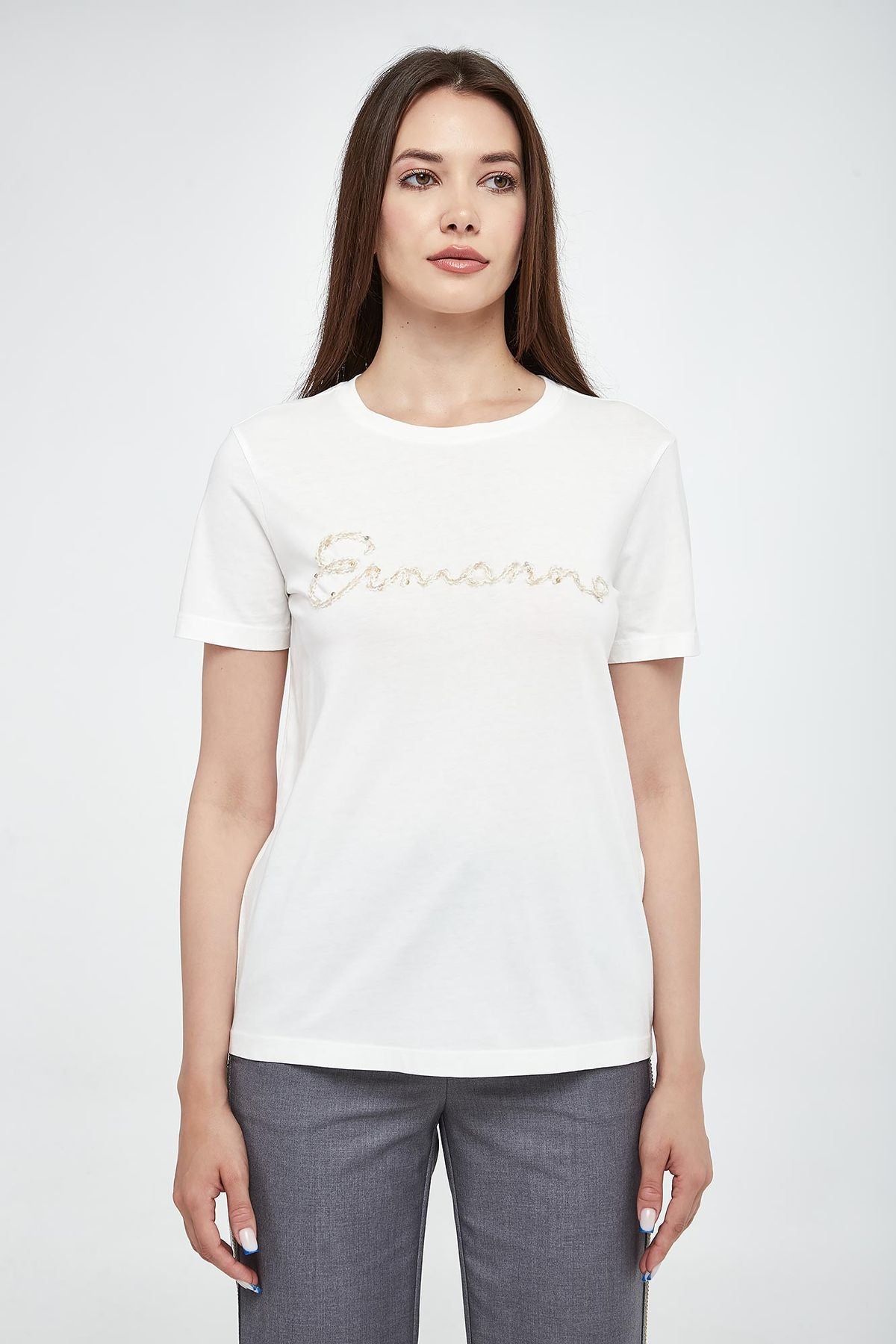 Ermanno Firenze Cotton Women White T-Shirt with Embroidery