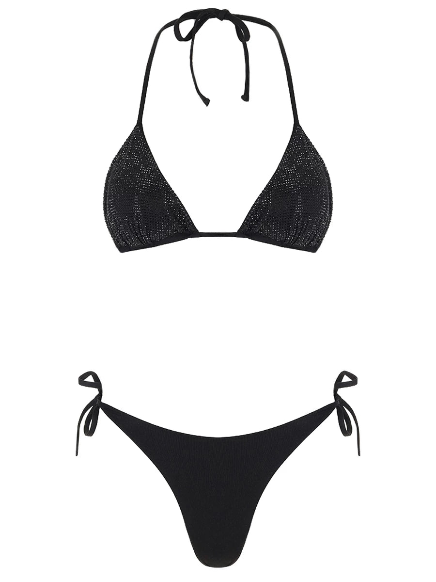 Fisico Black Triangle Bikini Top with Rhinestone