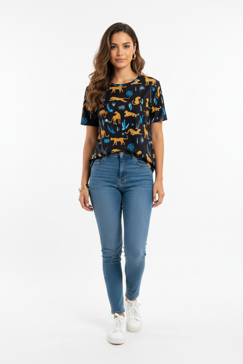 Flavia Valentini Women T-Shirt with Tropical Leopard Print