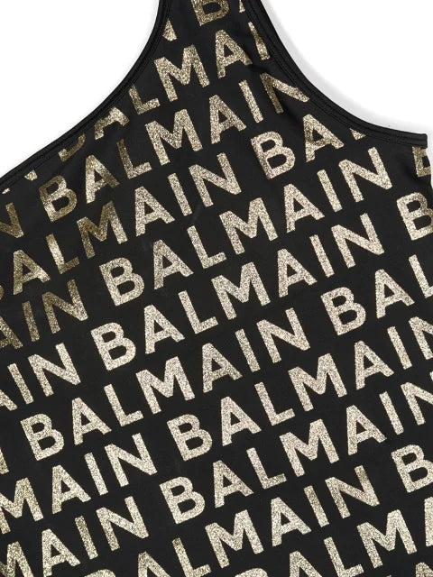 Black tank top with gold 'Balmain' logo pattern
