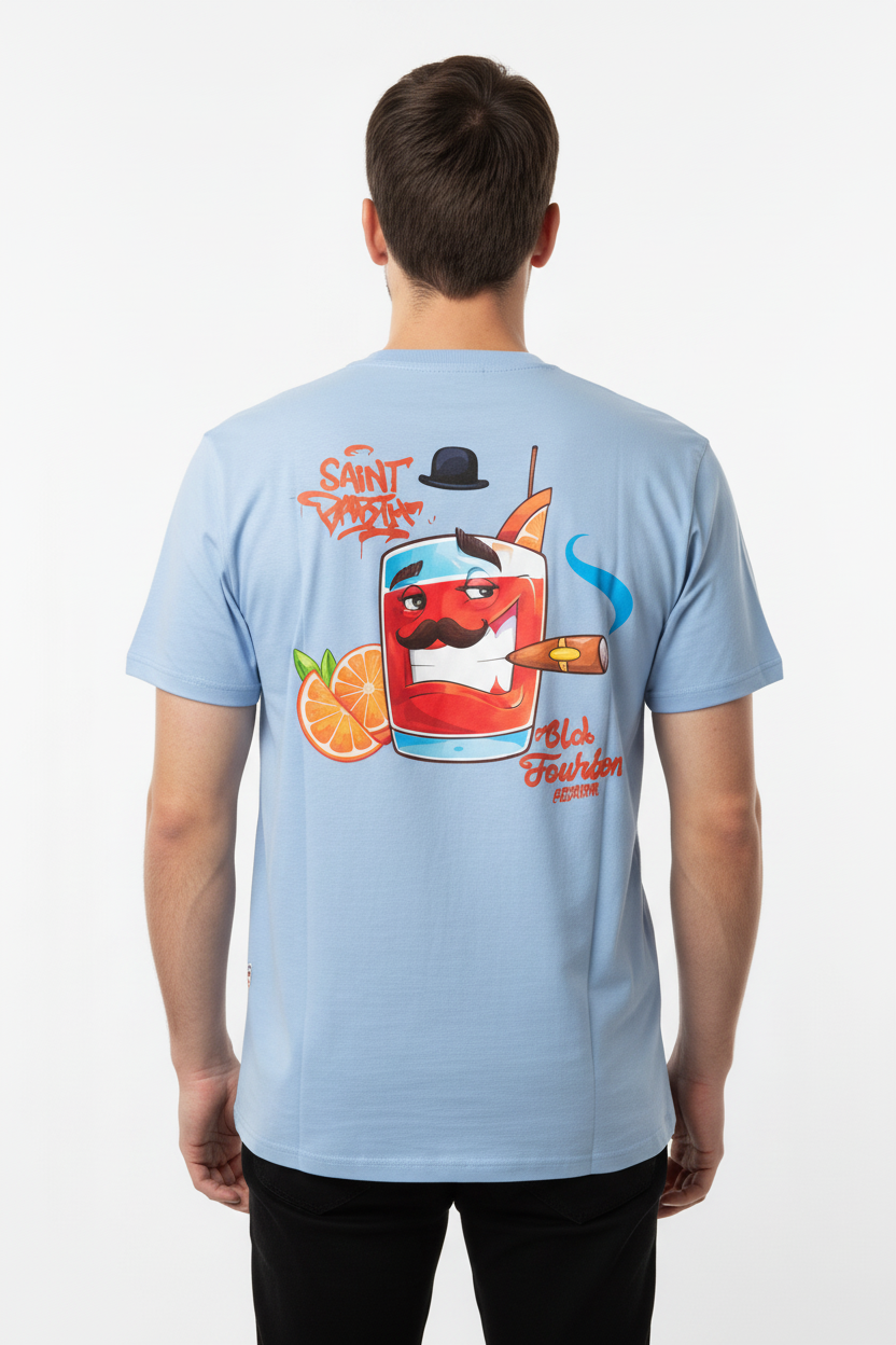 MC2 Saint Barth Blue Man Cotton T-Shirt with Cocktail Print