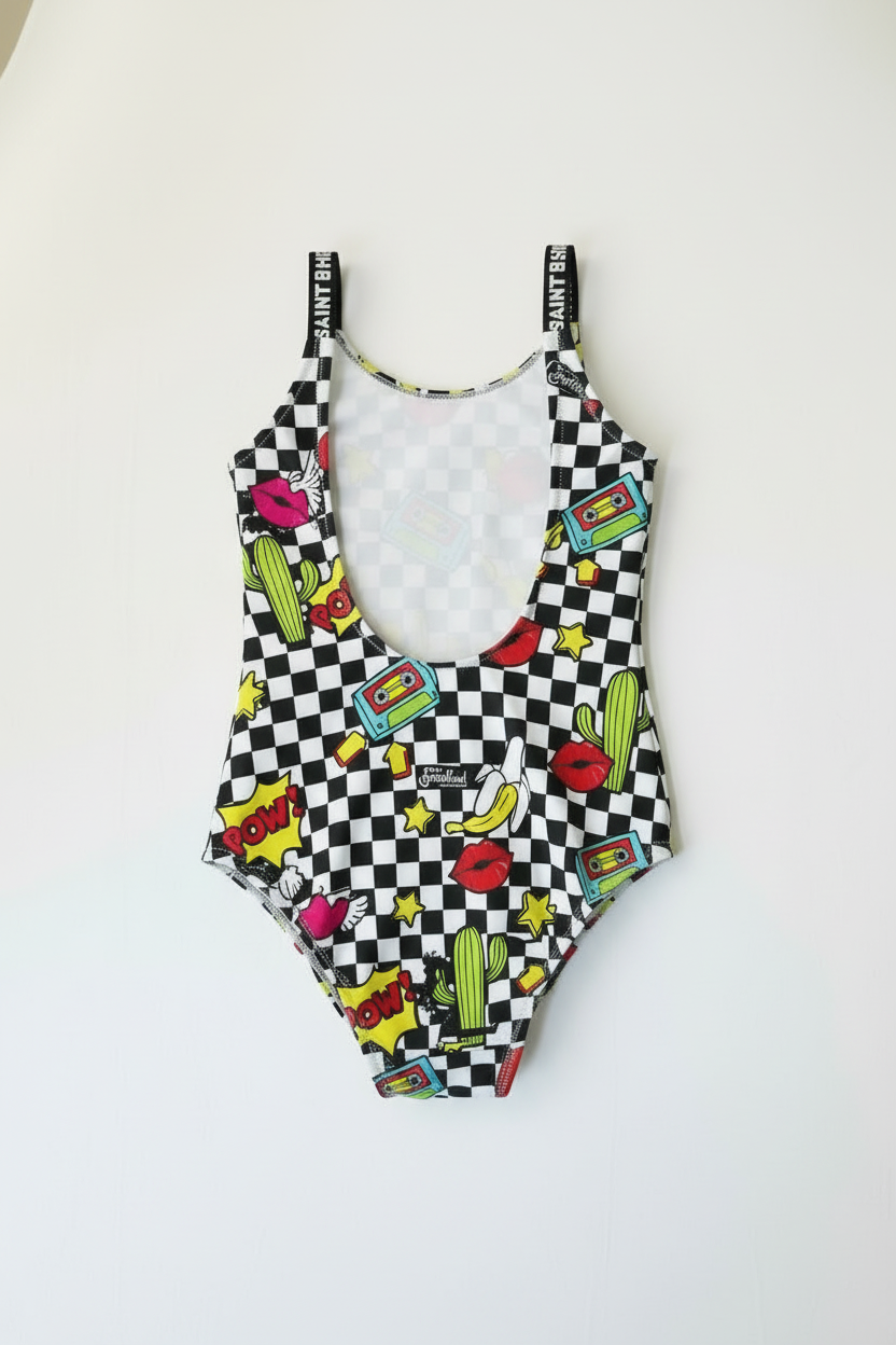 MC2 Saint Barth One Piece Swimsuit Chess WOW PATCH children's