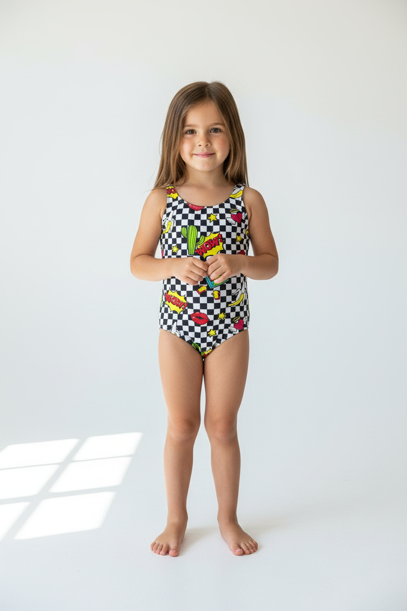 MC2 Saint Barth One Piece Swimsuit Chess WOW PATCH children's
