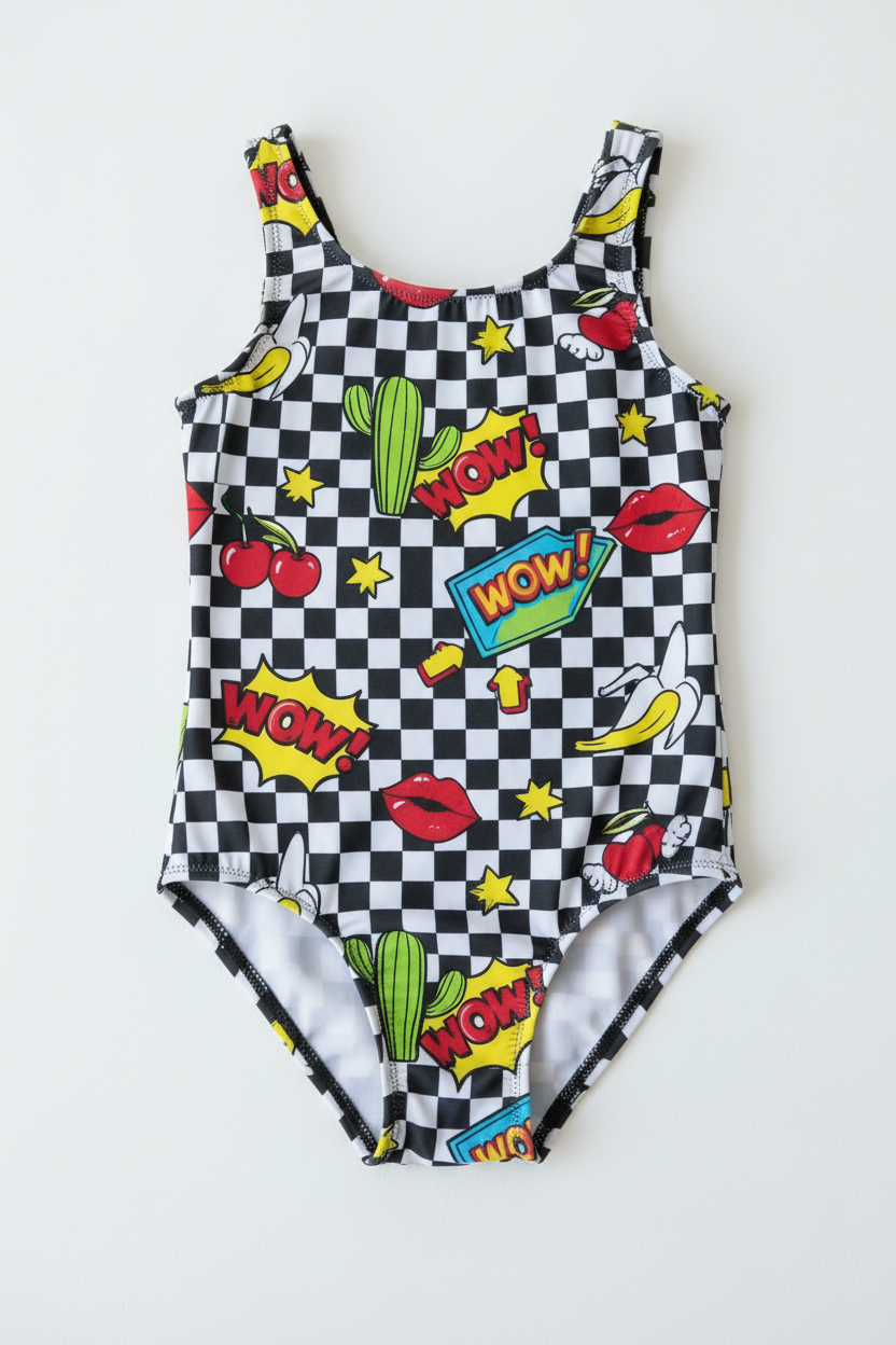 MC2 Saint Barth One Piece Swimsuit Chess WOW PATCH children's