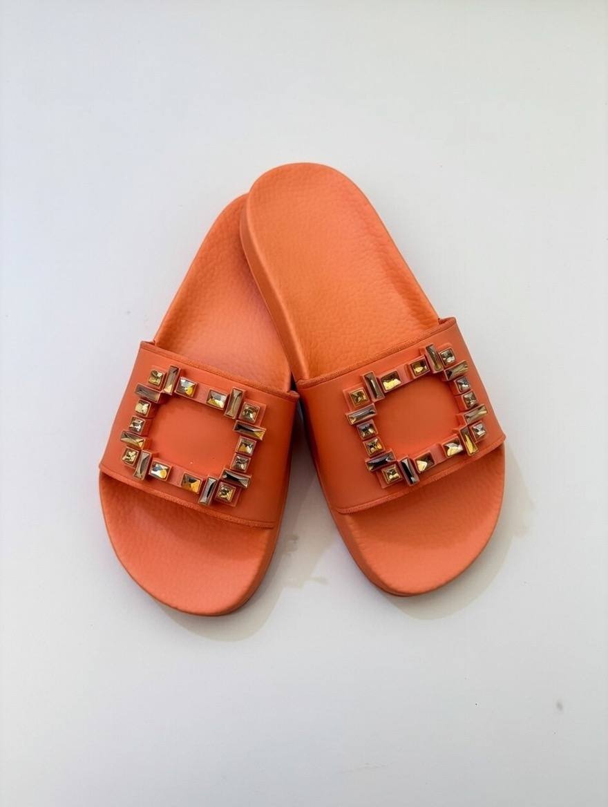 Menghi Orange Large Rhinestone Women Sandals